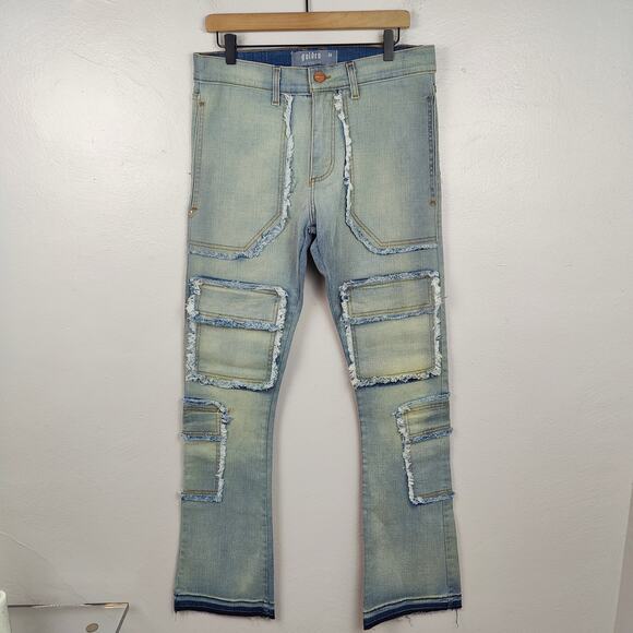 Golden Denim‎ The Patchwork Mykonos Flared Jeans Mens 34 Cargo Raw Edges NWOT - Picture 1 of 11